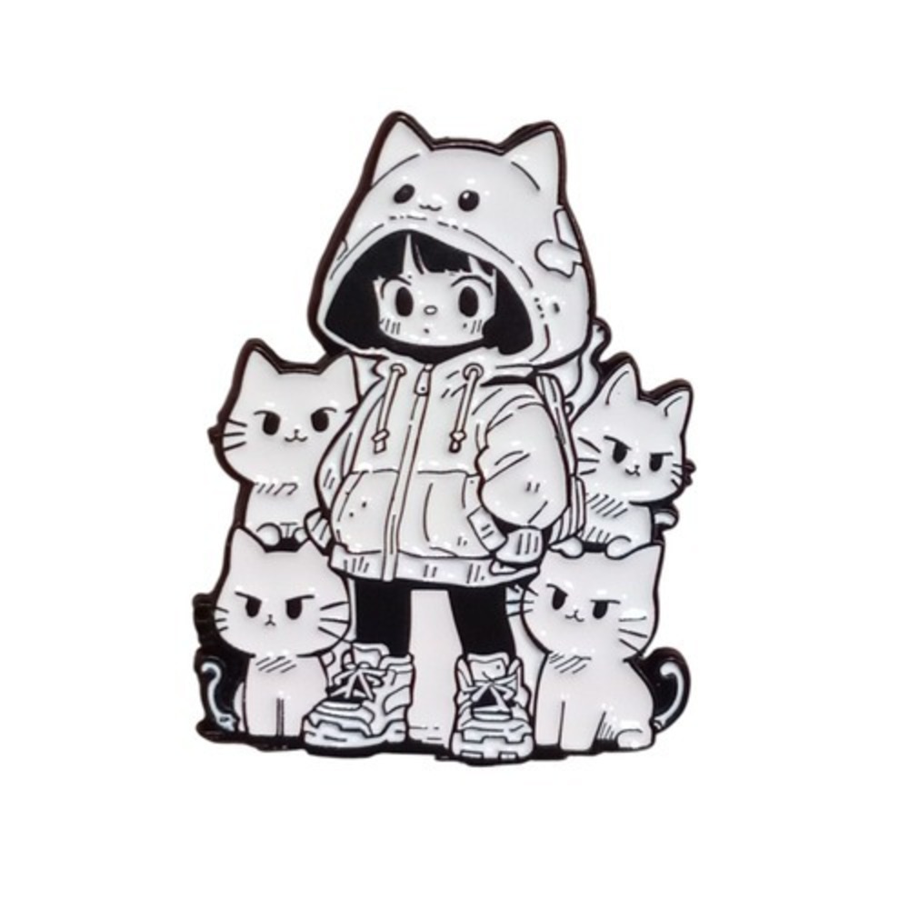 Generic Chibi Anime Black And White Girl In Cat Coat With Cats Enamel Pin
